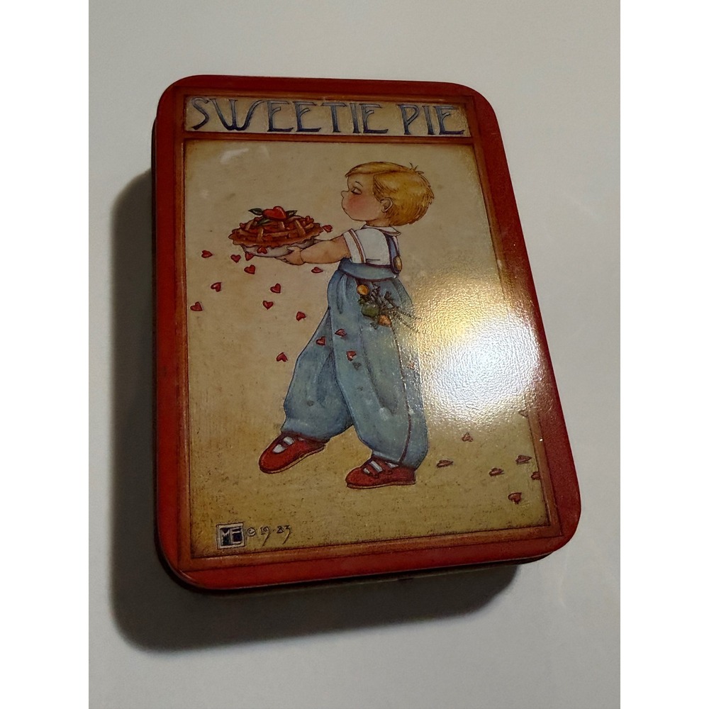 Vintage 1983 Mary Engelbreit Sweetie Pie Small Metal Storage‎ Tin Red Box